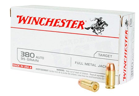 Winchester USA White Box 380 Ammo Brass 95 Grain FMJ